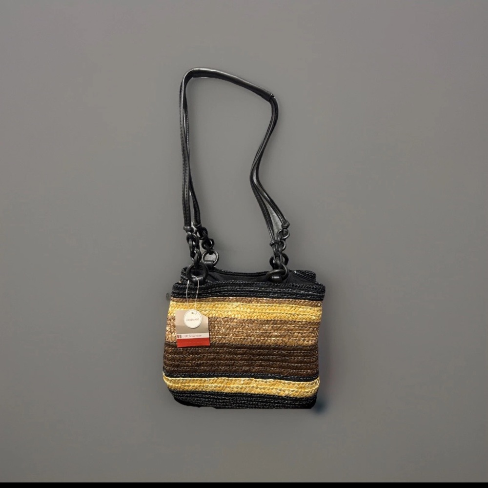 🆕Croft & Barrow Woven Raffia Stripe Shoulder Bag in Black, Brown & Beige